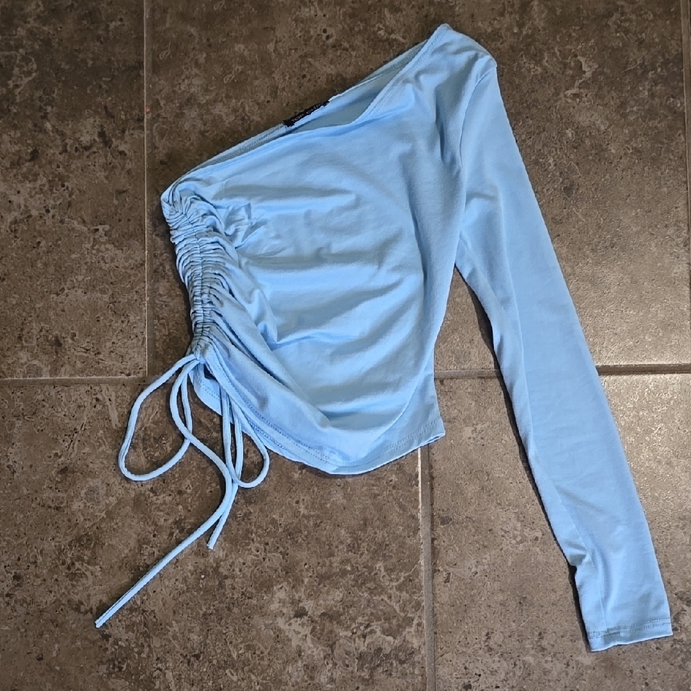 Light Blue One-Shoulder Ruched Top